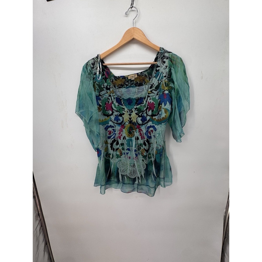 One World Live & Let Live XL Teal Floral Sheer Boho Tunic Blouse Fairy Whimsical